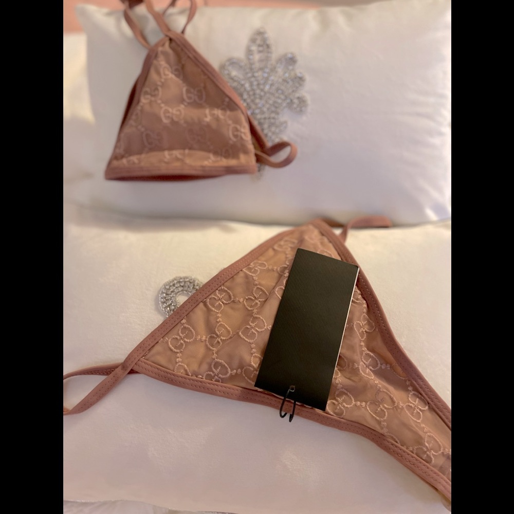 Layered Nude Tan Double Mesh Stitched 2 Piece Bikini, Lux Swim, New + Tag + Bag